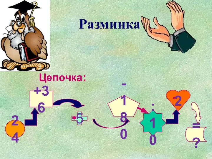 Разминка Цепочка: 24 5 - 180 : 10 2 = ? +36