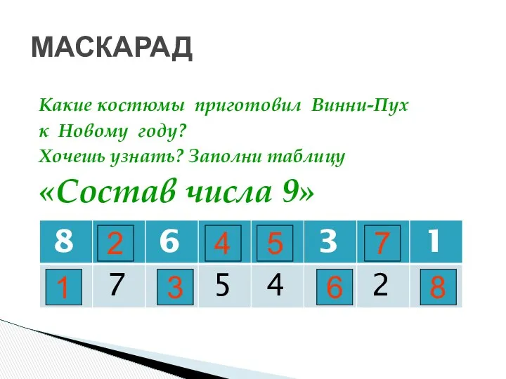 Какие костюмы приготовил Винни-Пух к Новому году? Хочешь узнать? Заполни таблицу