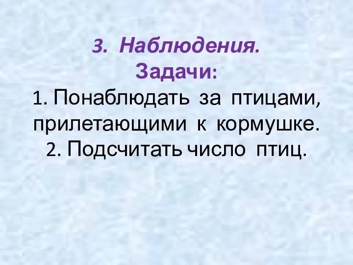 3. Наблюдения. Задачи: 1. Понаблюдать за птицами, прилетающими к кормушке. 2. Подсчитать число птиц.