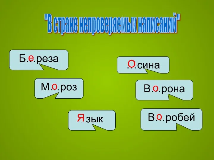 "В стране непроверяемых написаний" Б…реза …сина В…рона …зык В…робей М…роз е о Я О о о