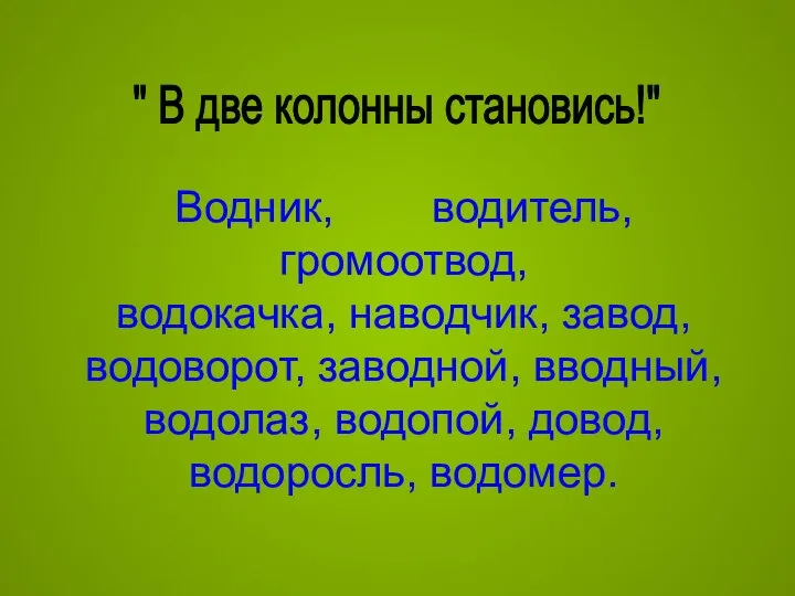 " В две колонны становись!" Водник, водитель, громоотвод, водокачка, наводчик, завод,