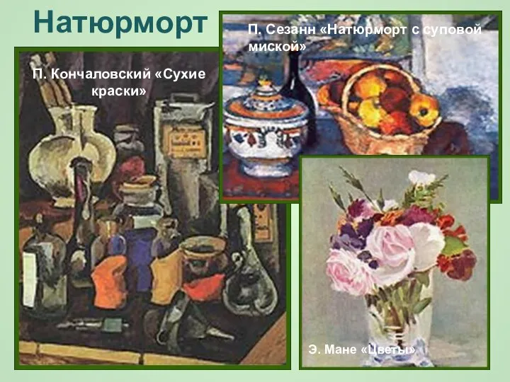 Натюрморт П. Кончаловский «Сухие краски» П. Сезанн «Натюрморт с суповой миской» Э. Мане «Цветы»