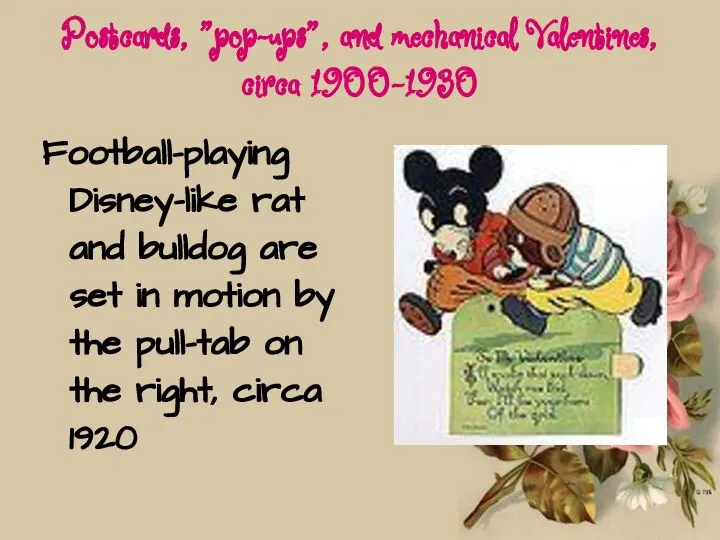 Postcards, "pop-ups", and mechanical Valentines, circa 1900-1930 Football-playing Disney-like rat and