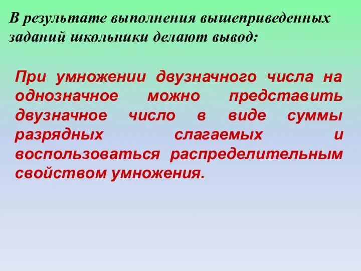 В результате выполнения вышеприведенных заданий школьники делают вывод: При умножении двузначного