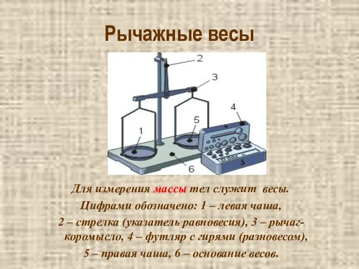 Рычажные весы Для измерения массы тел служит весы. Цифрами обозначено: 1