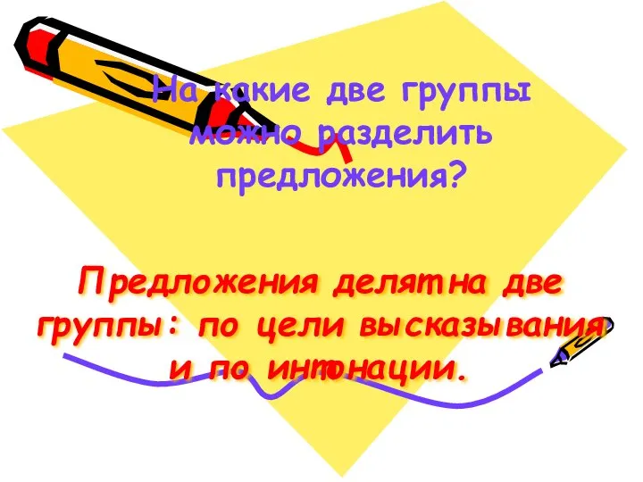 Предложения делят на две группы: по цели высказывания и по интонации.