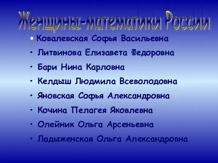 Женщины-математики России Ковалевская Софья Васильевна Литвинова Елизавета Федоровна Бари Нина Карловна