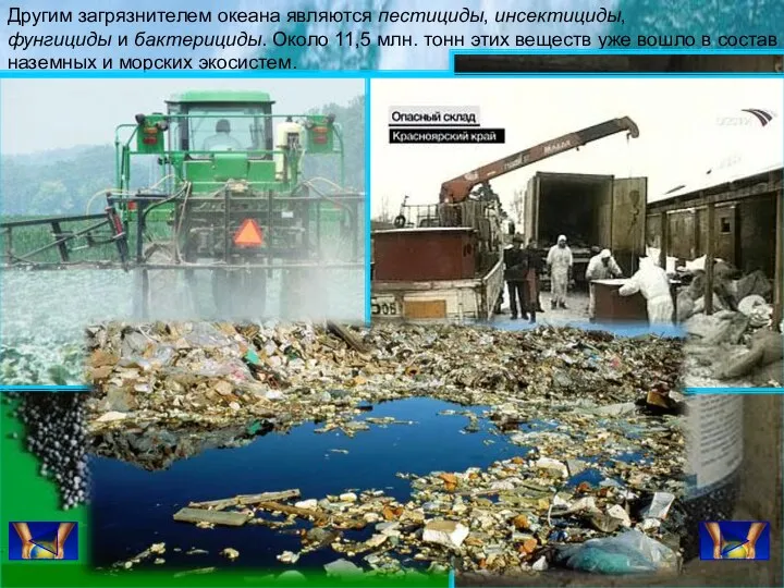 Другим загрязнителем океана являются пестициды, инсектициды, фунгициды и бактерициды. Около 11,5