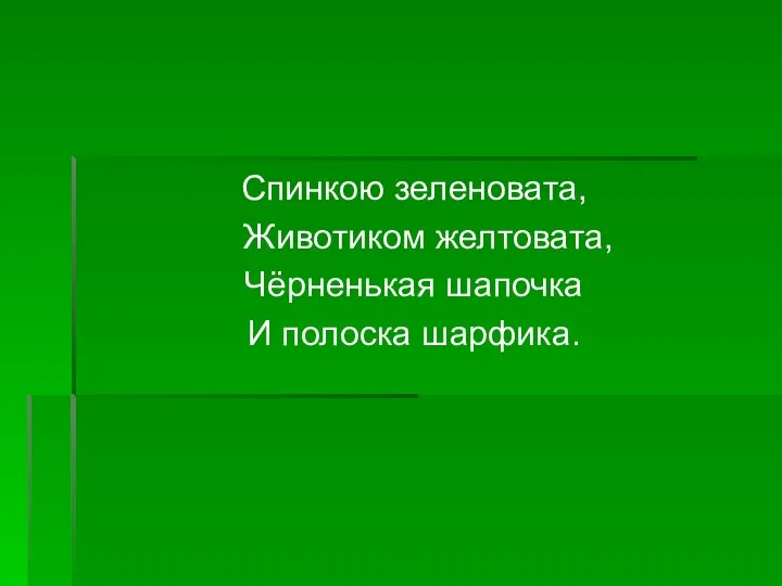 Спинкою зеленовата, Животиком желтовата, Чёрненькая шапочка И полоска шарфика.