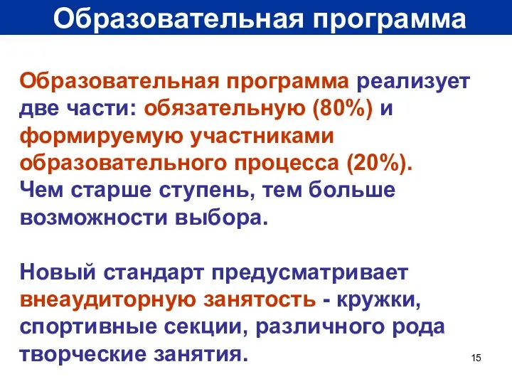 Образовательная программа Образовательная программа реализует две части: обязательную (80%) и формируемую