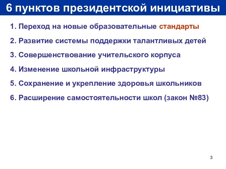 6 пунктов президентской инициативы 1. Переход на новые образовательные стандарты 2.