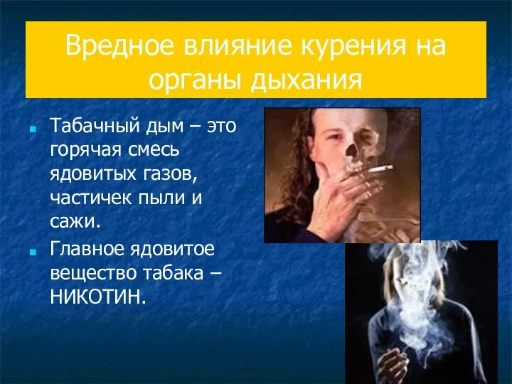 Вредное влияние курения на органы дыхания Табачный дым – это горячая