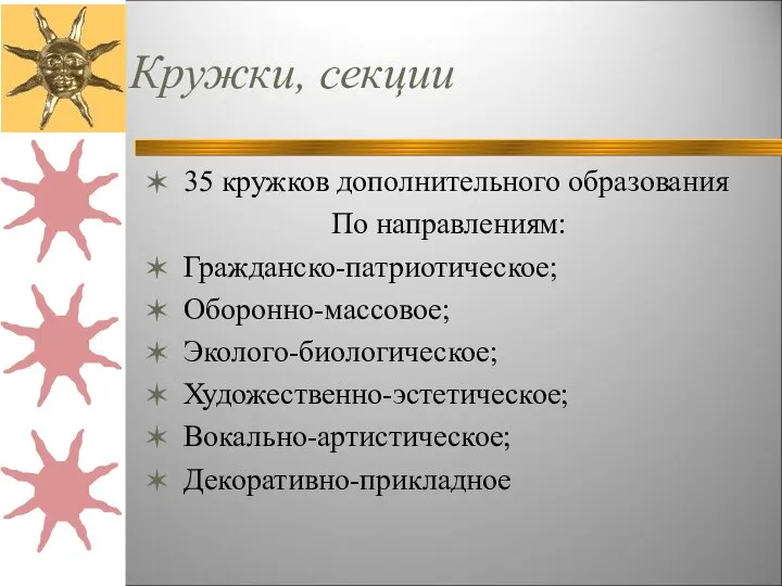 Кружки, секции 35 кружков дополнительного образования По направлениям: Гражданско-патриотическое; Оборонно-массовое; Эколого-биологическое; Художественно-эстетическое; Вокально-артистическое; Декоративно-прикладное