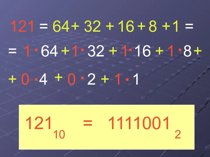 121 = 64 + 32 + 16 + 8 + 1