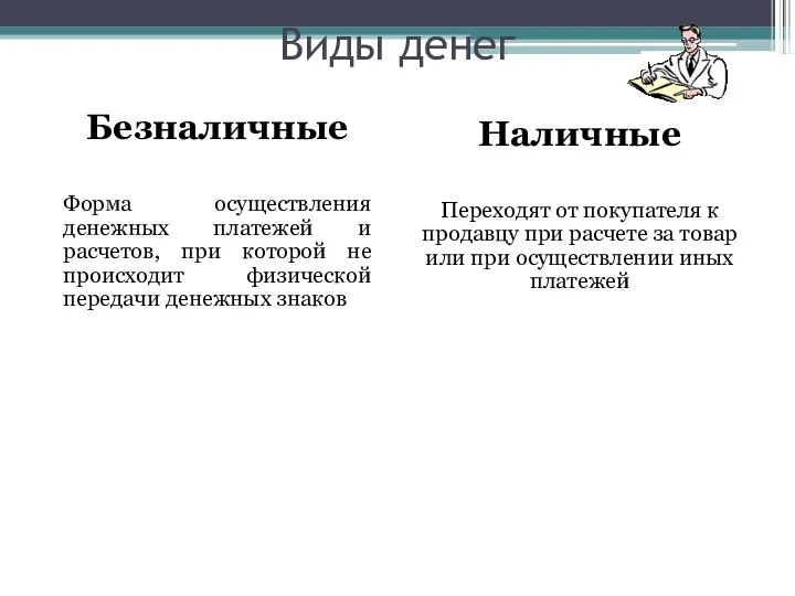 Виды денег Безналичные Форма осуществления денежных платежей и расчетов, при которой