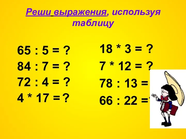 Реши выражения, используя таблицу 65 : 5 = ? 84 :