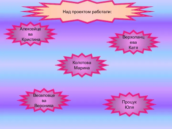 Алексейцева Кристина Колотова Марина Процук Юля Верхоланцева Катя Веселовцева Вероника Над проектом работали: