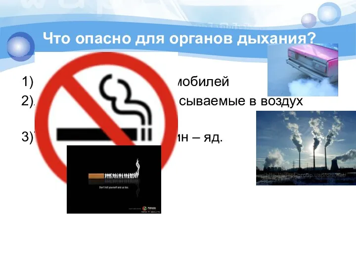 Что опасно для органов дыхания? 1)Выхлопные газы автомобилей 2)Ядовитые газы, выбрасываемые