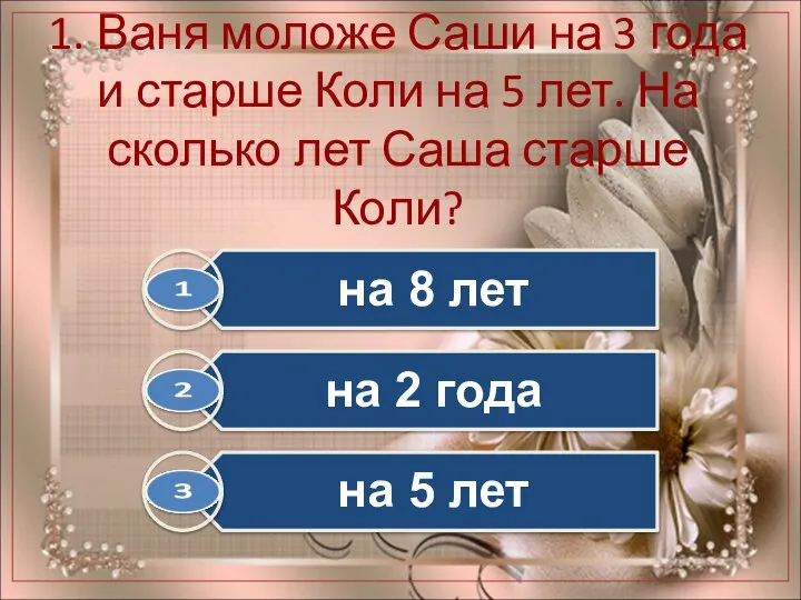 1. Ваня моложе Саши на 3 года и старше Коли на