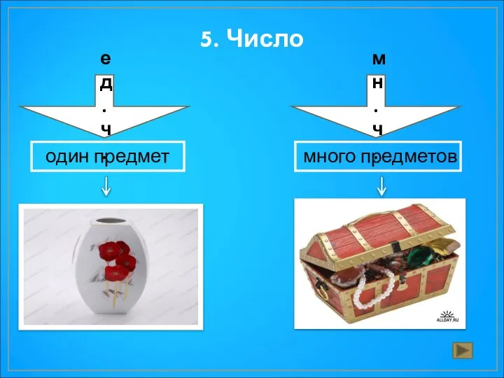 5. Число ед.ч. мн.ч. один предмет много предметов