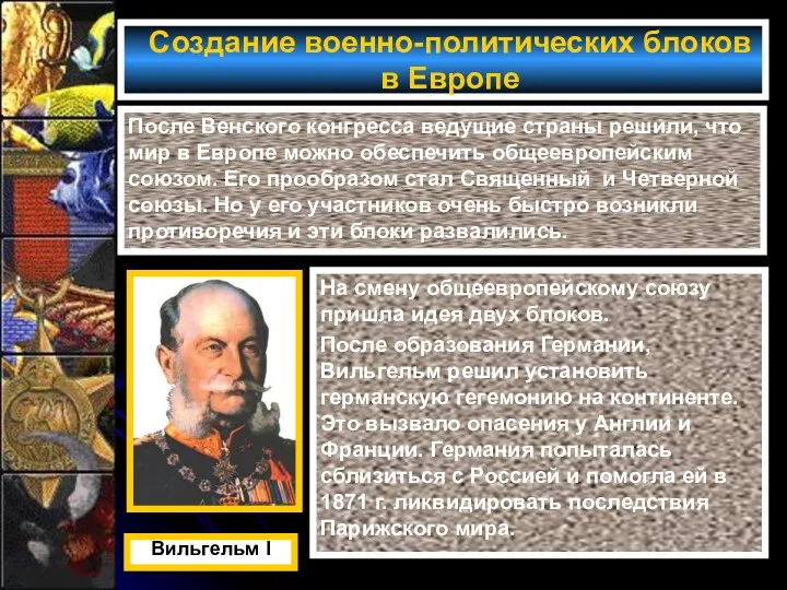 Создание военно-политических блоков в Европе После Венского конгресса ведущие страны решили,