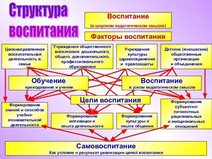 Структура воспитания Воспитание (в широком педагогическом смысле) Факторы воспитания Целенаправленная воспитательная