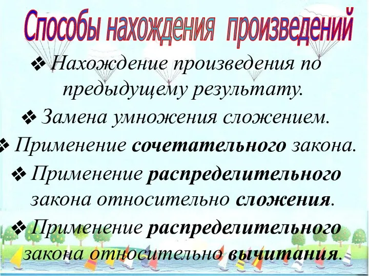 Способы нахождения произведений Нахождение произведения по предыдущему результату. Замена умножения сложением.