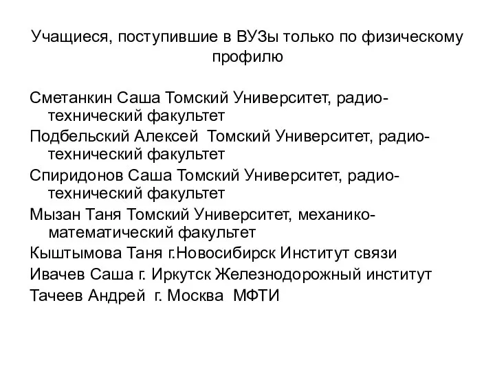 Учащиеся, поступившие в ВУЗы только по физическому профилю Сметанкин Саша Томский