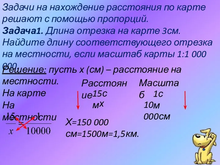 Задачи на нахождение расстояния по карте решают с помощью пропорций. Задача1.