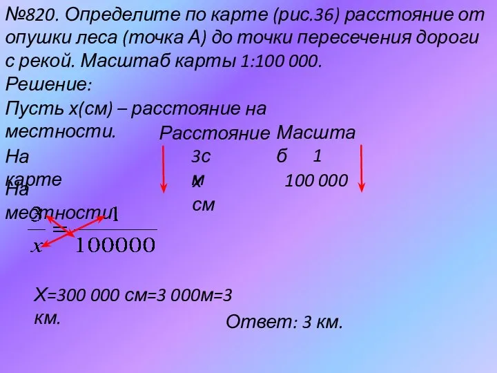 №820. Определите по карте (рис.36) расстояние от опушки леса (точка А)