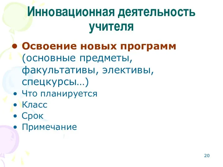 Инновационная деятельность учителя Освоение новых программ (основные предметы, факультативы, элективы, спецкурсы…) Что планируется Класс Срок Примечание