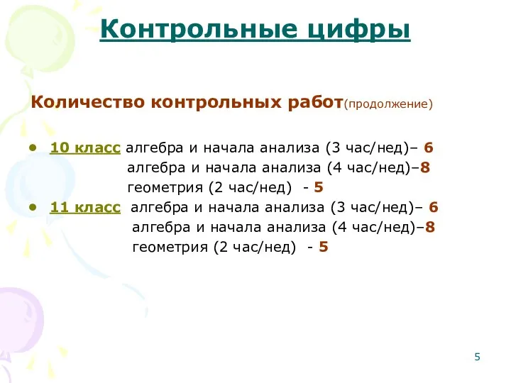 Контрольные цифры Количество контрольных работ(продолжение) 10 класс алгебра и начала анализа