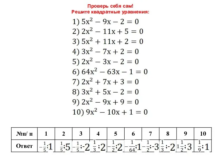 Проверь себя сам! Решите квадратные уравнения: