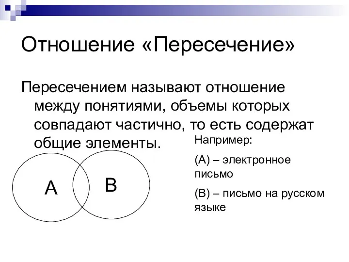 Отношение «Пересечение» Пересечением называют отношение между понятиями, объемы которых совпадают частично,