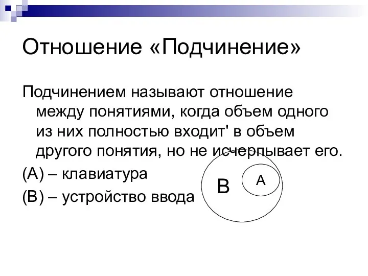 Отношение «Подчинение» Подчинением называют отношение между понятиями, когда объем одного из