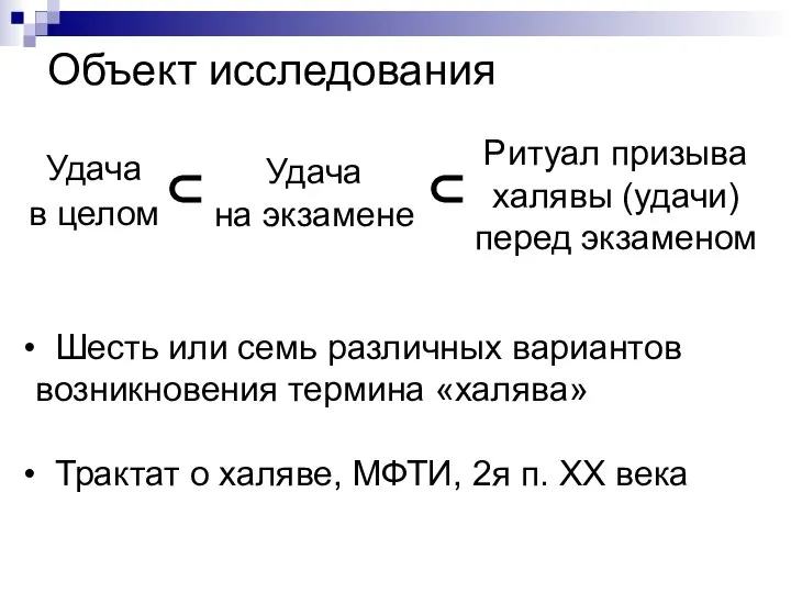 Объект исследования Удача в целом ⊂ Удача на экзамене Ритуал призыва