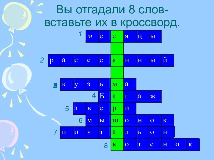 Вы отгадали 8 слов- вставьте их в кроссворд. 3 4 5