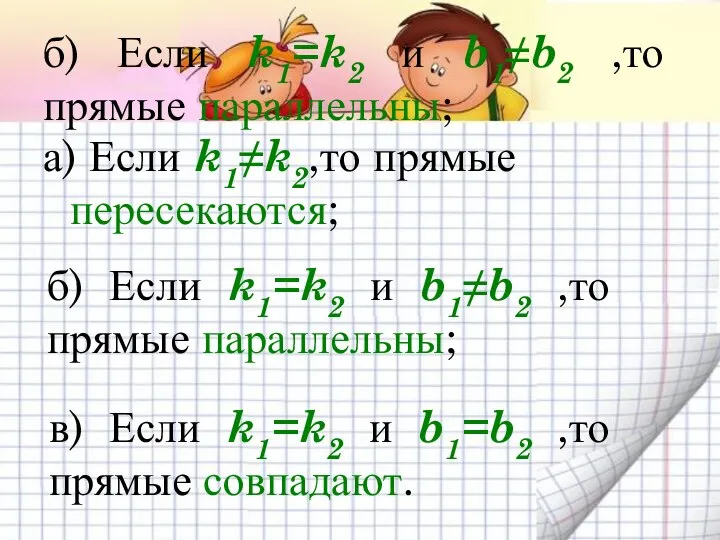 б) Если k1=k2 и b1≠b2 ,то прямые параллельны; а) Если k1≠k2,то