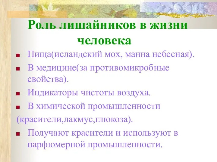 Роль лишайников в жизни человека Пища(исландский мох, манна небесная). В медицине(за