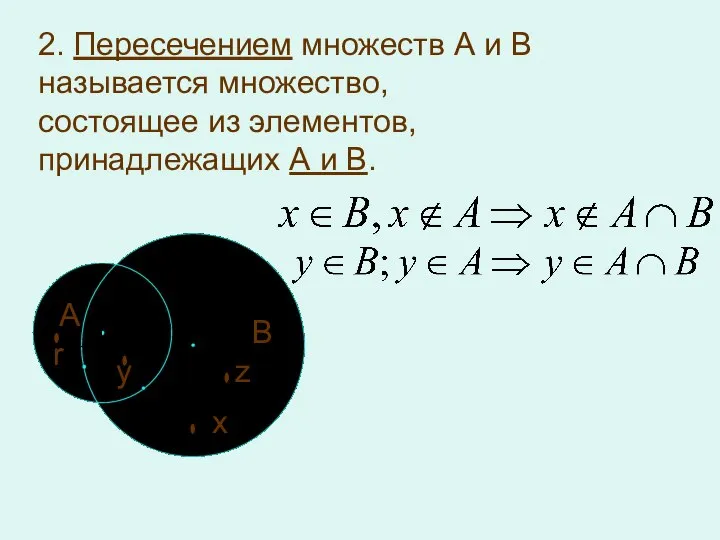 2. Пересечением множеств А и В называется множество, состоящее из элементов,