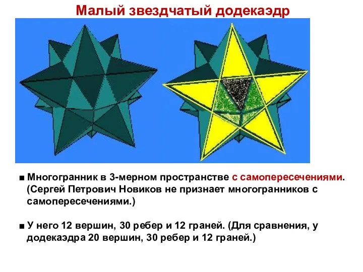 Малый звездчатый додекаэдр ■ Многогранник в 3-мерном пространстве с самопересечениями. (Сергей