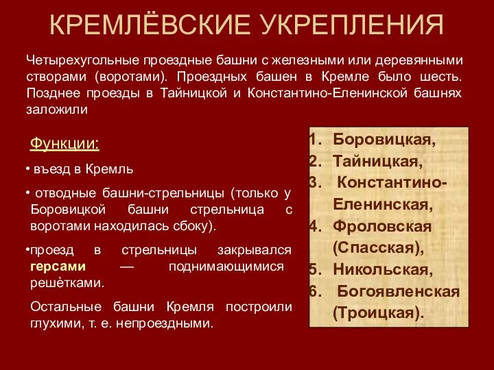 КРЕМЛЁВСКИЕ УКРЕПЛЕНИЯ Функции: въезд в Кремль отводные башни-стрельницы (только у Боровицкой