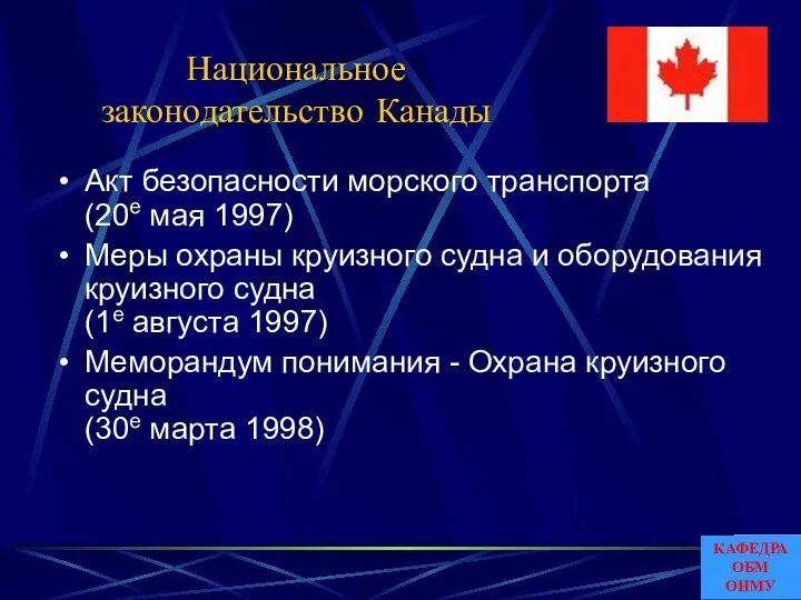 Национальное законодательство Канады Акт безопасности морского транспорта (20е мая 1997) Меры