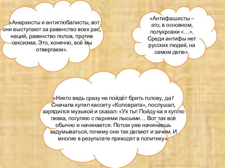 «Анархисты и антиглобалисты, вот они выступают за равенство всех рас, наций,