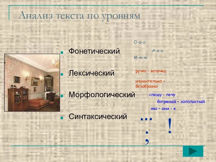 Анализ текста по уровням Фонетический Лексический Морфологический Синтаксический А-а-а О-о-о М-м-м