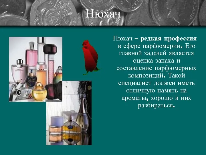 Нюхач Нюхач – редкая профессия в сфере парфюмерии. Его главной задачей