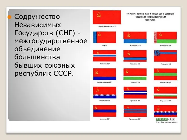 Содружество Независимых Государств (СНГ) - межгосударственное объединение большинства бывших союзных республик СССР.