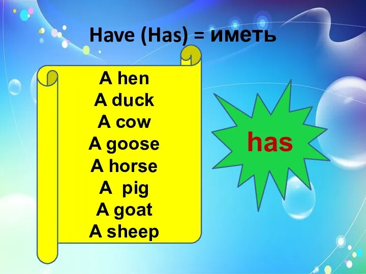 Have (Has) = иметь A hen A duck A cow A