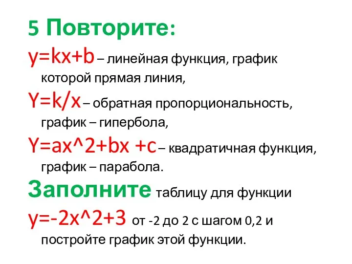 5 Повторите: y=kx+b – линейная функция, график которой прямая линия, Y=k/x