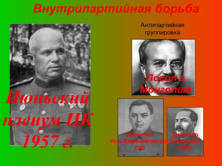 Антипартийная группировка Июньский пленум ЦК 1957 г. Посол в Монголию Директор